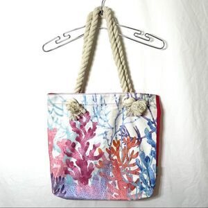 Coral Print Rope Handle Small Beach Tote Bag